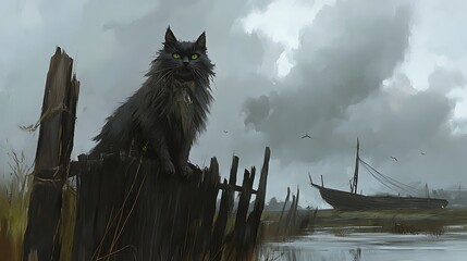 Dark feline perched on wooden structure near watery boat