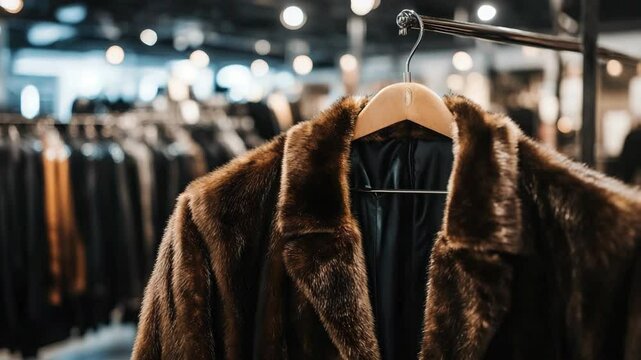 Elegant brown faux fur coat hanging on a wooden hanger in a clothing store, blurred garments in background