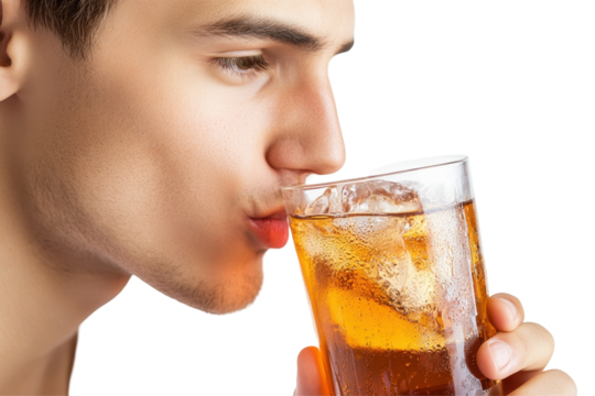 Young man enjoying a refreshing drink while contemplating life moments indoors during a bright day