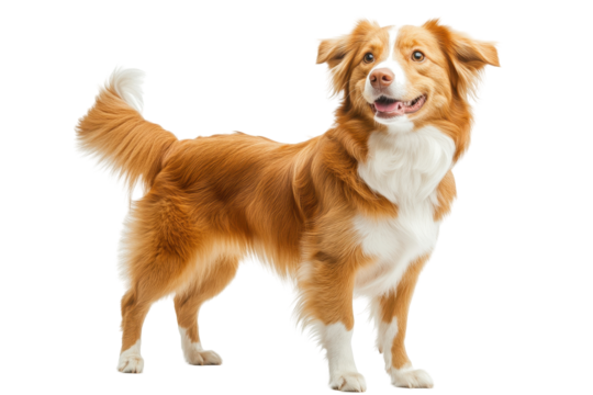 Playful dog with a cheerful expression stands confidently against a transparent background showcasing its fur and tail movement