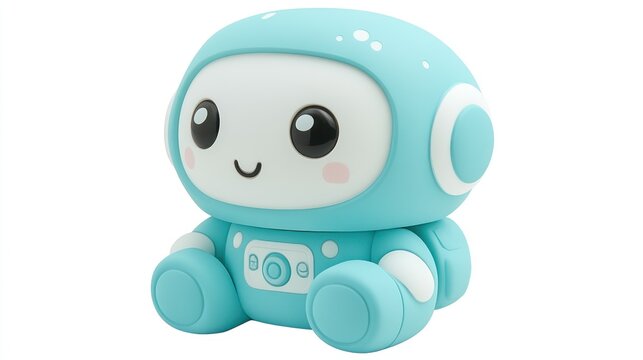 A cute turquoise robot toy with a friendly smile and large eyes perfect for childrens entert