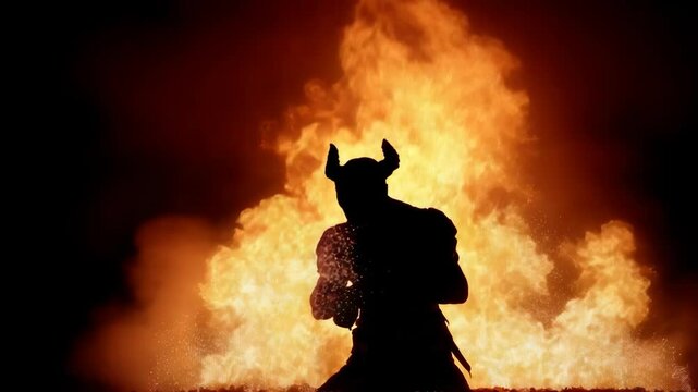 Silhouette of a figure with horns standing before a blazing fire, evoking a pagan ritual or fantasy setting with intense heat and dramatic lighting.
