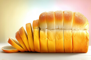 Classic sandwich loaf sliced neatly on a clean white surface. Soft, inviting texture with gentle warm tones. Concept of bakery, food products, meal preparation