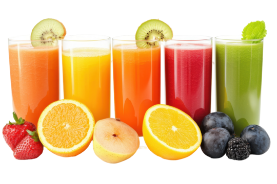 Colorful fruit juices in clear glasses raised by hands against a transparent background showcasing a celebratory moment