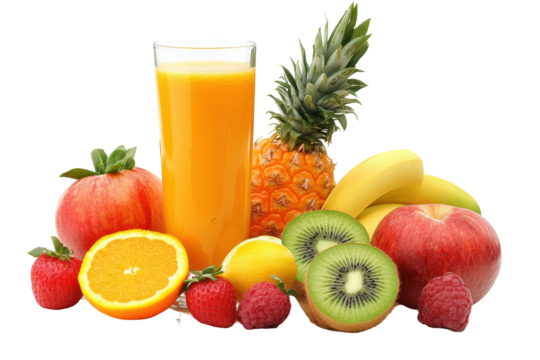 Colorful fruit juices in clear glasses raised by hands against a transparent background showcasing a celebratory moment