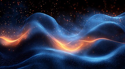 Abstract blue and orange waves with glowing particles