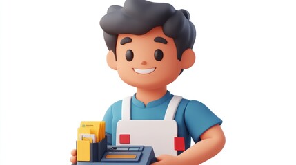 A cheerful delivery worker holding a package and scanner ready for service