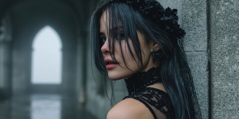 Fototapeta premium Mysterious Gothic Girl in Foggy Alley