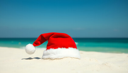 Santa hat on the beach sand, retro style. with white shades