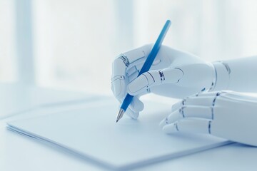 Robotic hand writing with blue pen in futuristic setting