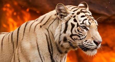 Fototapeta premium Majestic White Tiger Portrait Against Fiery Orange Background Wildlife Photography