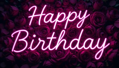 Happy Birthday Neon Sign on a Bed of Roses: A Festive and Romantic Celebration