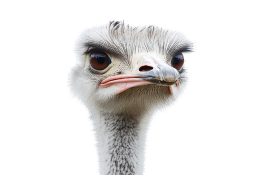Large ostrich with long neck stands with a proud posture against a transparent background, showcasing its distinctive feather patterns and unique body shape in natural elegance