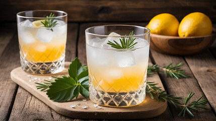 Fototapeta premium Scandinavian cocktail with vodka Akevitt also known as Akvavit served in a traditional style on a rustic wooden background with copy space for your design