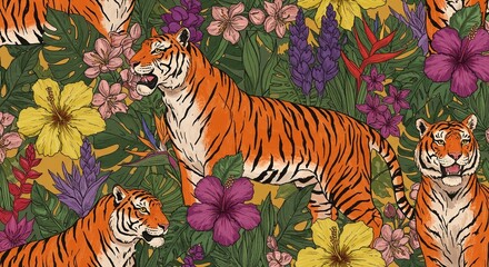 Lush Tropical Paradise Tigers Amidst Vibrant Hibiscus and Exotic Flowers