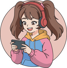 Anime Girl Playing Mobile Game illustration © Piko