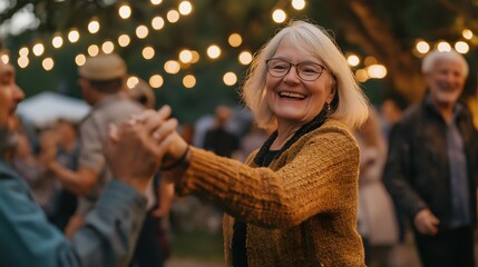 Joyful senior woman at an outdoor festival, celebrating life surrounded by people and vibrant atmosphere on a sunny day