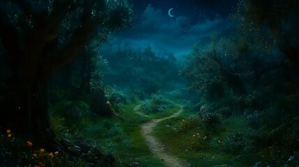 Obraz premium Forest path under night sky landscape