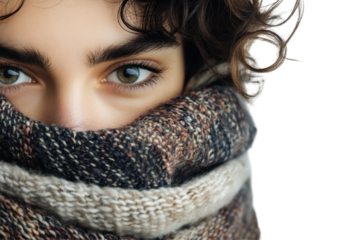Woman wearing a colorful scarf covering her face against a transparent background while looking thoughtfully into the distance during a calm outdoor setting