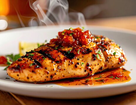 Grilled chicken breast with spicy glaze and herbs on a plate