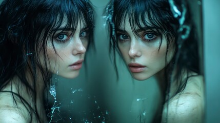 Naklejka premium Intense Reflection A Womans Mirror Image in a Wet Moody Setting with Dramatic Lighting and E