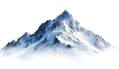 Obraz premium Majestic Snowy Mountain Peak Isolated Against White Background With Cold Blue Shadows And Jagged Ridge Lines
