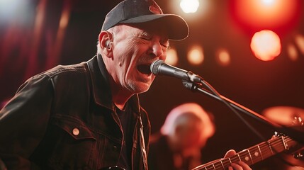 Elderly male singer performing passionately on stage with microphone and colorful concert lighting, symbolizing timeless talent, music, and artistic expression in old age.
