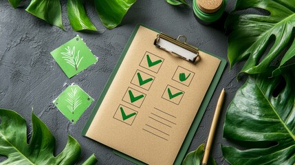 Checklist and tropical leaves on grey background for organization