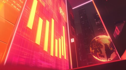 Futuristic cityscape, overlaid with vibrant data visualizations, including graphs and charts, displaying information in a neon glow.  A glowing Earth hangs in the background, 