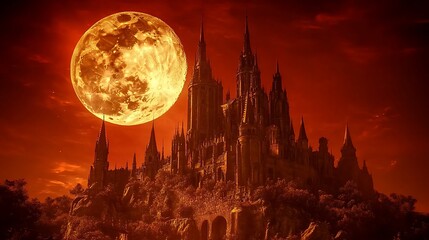Naklejka premium Gothic castle under fiery moon