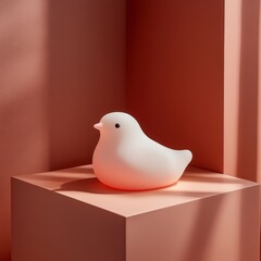 White Bird Plush Toy on a Pink Table with Light and Shadow Play in a Room Corner with Geometric Design and Minimalist Decoration