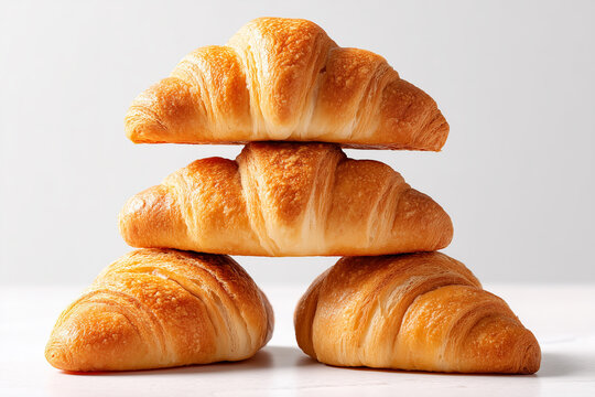 Croissants arranged in a neat stack with golden crusts atop a clean, light surface. Concept of bakery, fresh pastries, food photography appealing to cafes, bistros, culinary arts