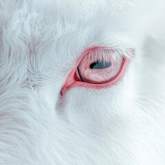 Dramatic Macro Shot of a White Goat Eye Featuring Intricate Details and Textures with Subtle Pink Hue and a Soft Blurred Background Creating an Ethereal Look