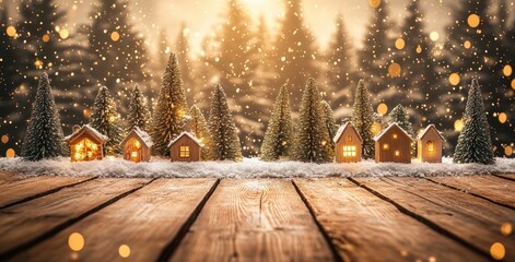 Christmas Forest with Snowy Cottages and Wooden Table in a Festive Winter Landscape
