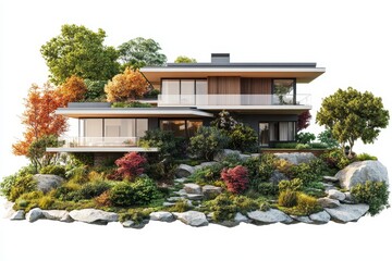 Modern villa with a pool surrounded by lush greenery and rocky landscape, ideal for serene living and relaxation