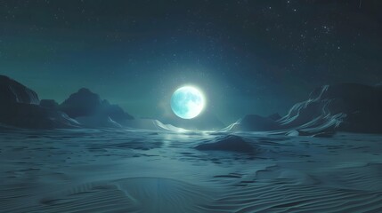 Obraz premium A serene celestial landscape featuring a bright moon shining over tranquil mountains.