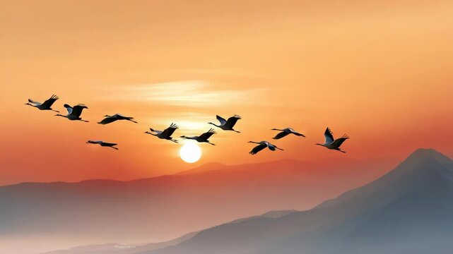 Flock of cranes flying over mountains at golden sunset hour, creating a beautiful migratory scene