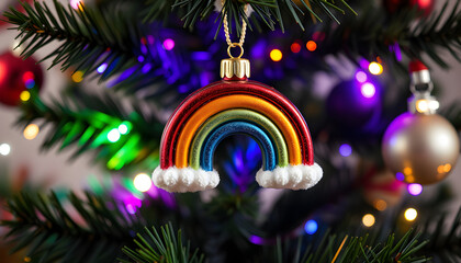 A Christmas ornament in the Shape of a rainbow on a festive Christmas tree, magazine photoshoot. with white shades