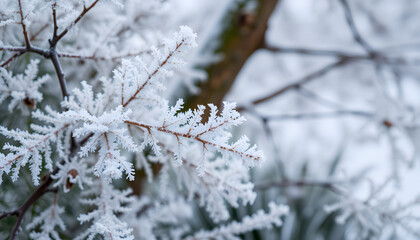 beautiful crystal frost on foliage and tree branches, frosty morning, winter weather concept, beauty of nature, background for wallpaper, detailed. with white shades