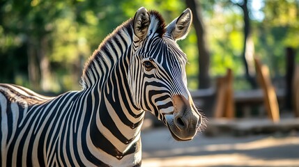 Naklejka premium Stripes in the Sunlight: A Majestic Zebra Portrait