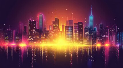 Obraz premium Vibrant Neon City Skyline at Dusk with Reflections on Water Surface