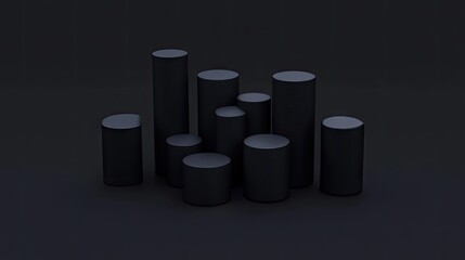 Dark cylindrical display pedestals in a clustered arrangement.
