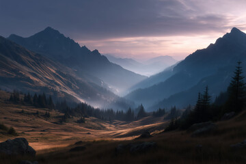 Misty Mountain Valley Sunset