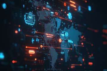 Obraz premium Global data visualization with interactive elements. World map overlaid with dynamic information, showing connections, and metrics. Network of data points