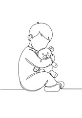 Child Hugging Stuffed Toy Illustration, Simple Line Art Outline Vector. Childhood, Love, Comfort Symbol, International Children's Day. Graphic Asset, Emotional Design