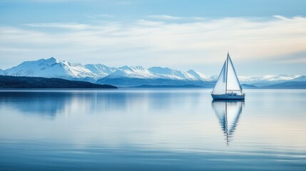 Serene Sailboat on a Calm Lake with Snow-Capped Mountains in the Background