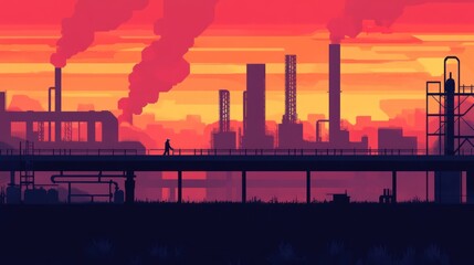 Sunset Over Industrial Landscape: A lone figure walks along a bridge overlooking a sprawling industrial complex at sunset