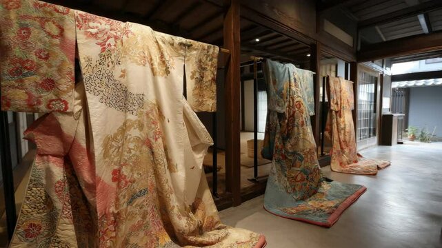 Intricate traditional Japanese kimonos displayed inside wooden building with hanging rails and view of indoor garden court, textile art