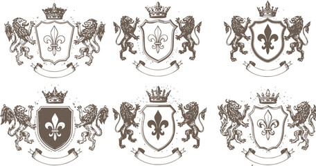 Heraldic Lion. Medieval coat of arms. Lys De Fleur. Crest depicting a lion's flank supporters shield. Knights helmet design. Vintage retro style. Engraving Royalty Emblem. Heraldy King Icon