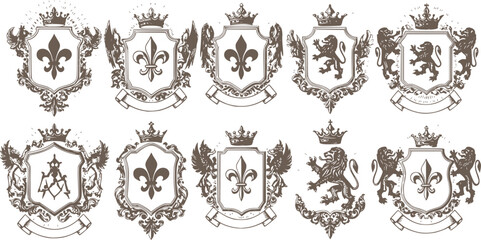 Heraldic Lion. Medieval coat of arms. Lys De Fleur. Crest depicting a lion's flank supporters shield. Knights helmet design. Vintage retro style. Engraving Royalty Emblem. Heraldy King Icon